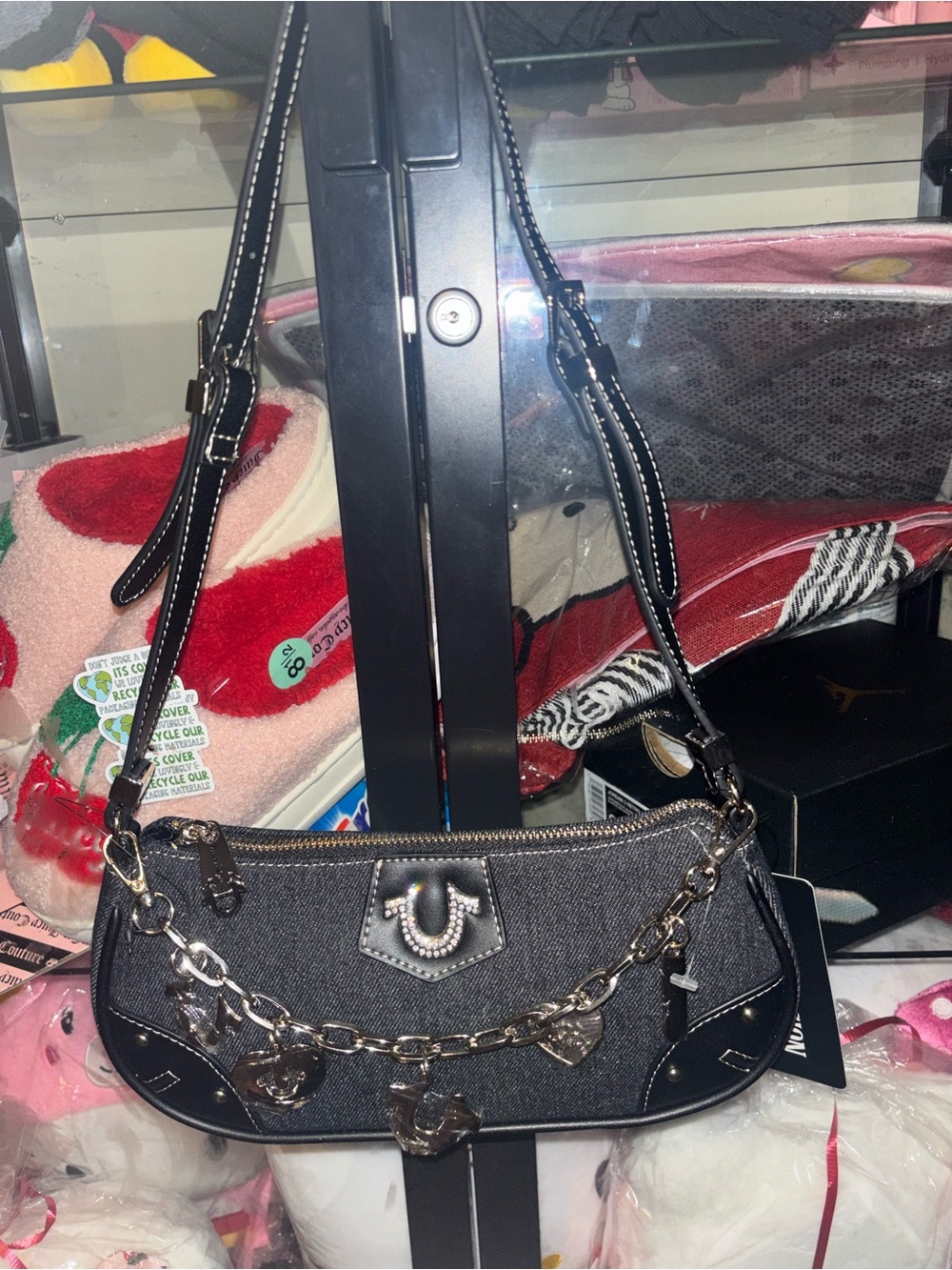 Black Denim Shoulder Bag with Charm Chain